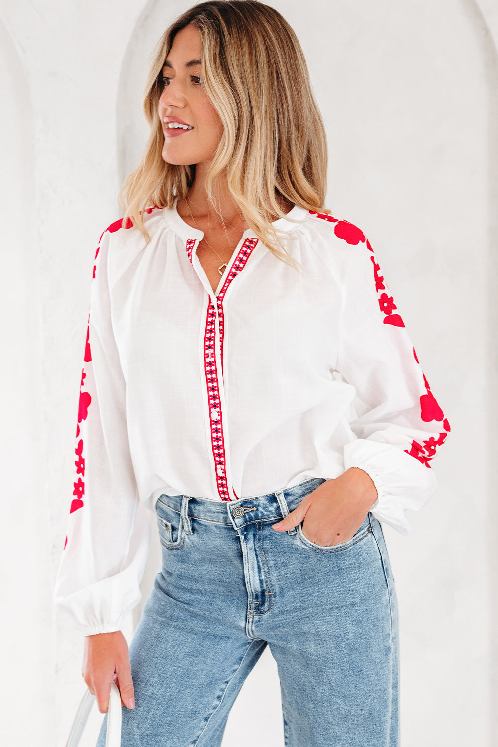 Premium White Floral Embroidered Puff Long Sleeve Casual Shirt Dear-Lover Dropshipping